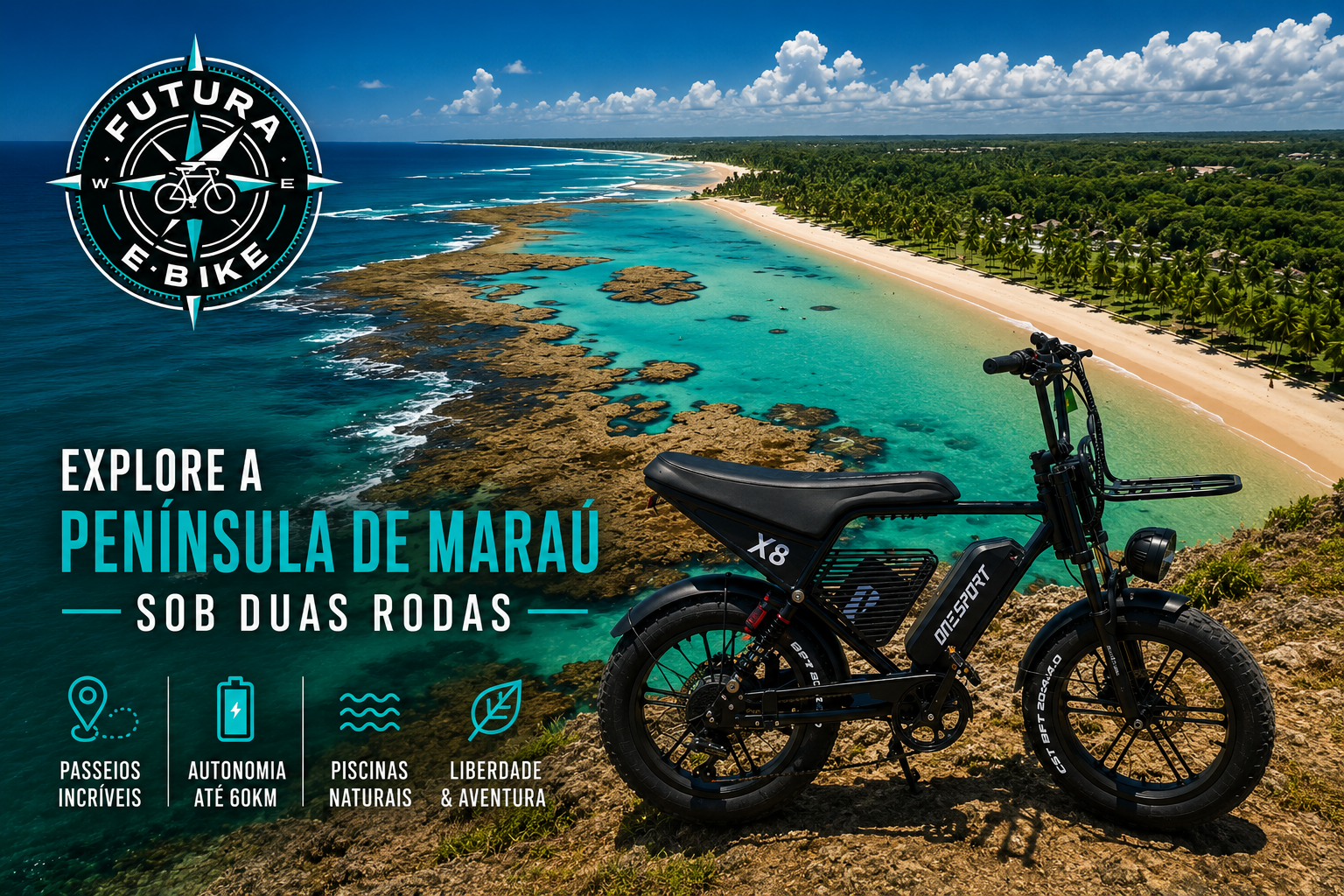 Explore a Península de Maraú sob duas rodas — e-bike Onesport X8 sobre a falésia com vista para as piscinas naturais de Taipu de Fora
